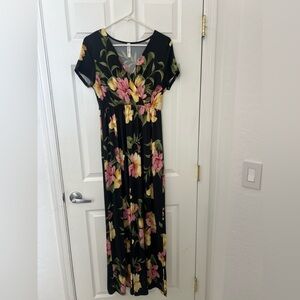 Floral Maxi Dress - Black with Pink and Yellow Flowers